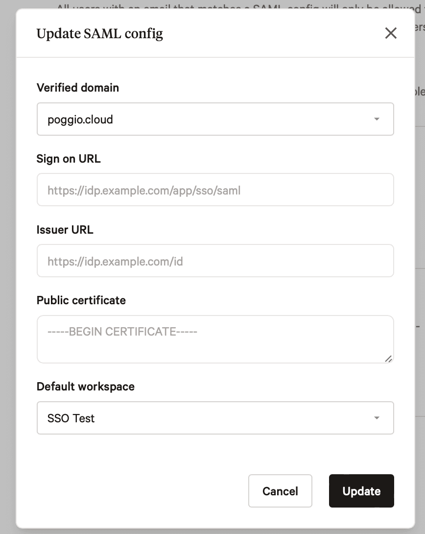 SAML configuration modal in the Poggio enterprise settings page