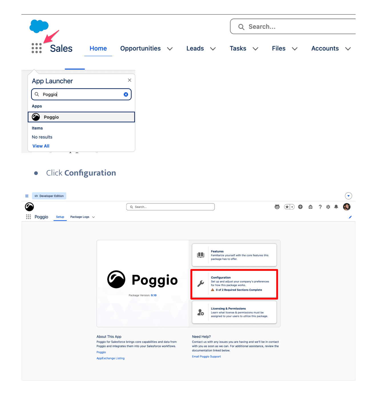 Open the Poggio app from the App Launcher and click Configuration