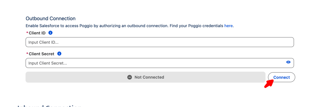 Outbound Connection panel with Client ID, Client Secret, and Connect button